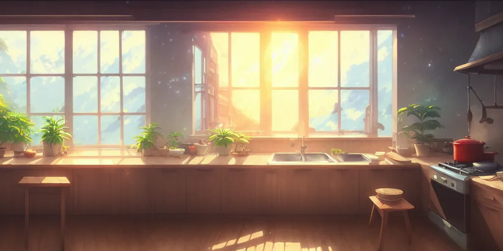 Image similar to interior background art, bright window lit kitchen, morning, steaming food on the stove, wooden floors, houseplants, cottage decor, anime, trending on pixiv fanbox, painted by greg rutkowski makoto shinkai takashi takeuchi studio ghibli, akihiko yoshida