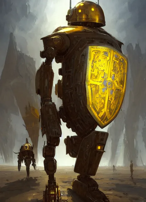 Image similar to human-sized strong intricate yellow pit droid holding large paladin medieval shield!!! and a long medieval engraved powerful great sword, pancake short large head painterly humanoid mecha, beautiful fantasy background by Greg Rutkowski