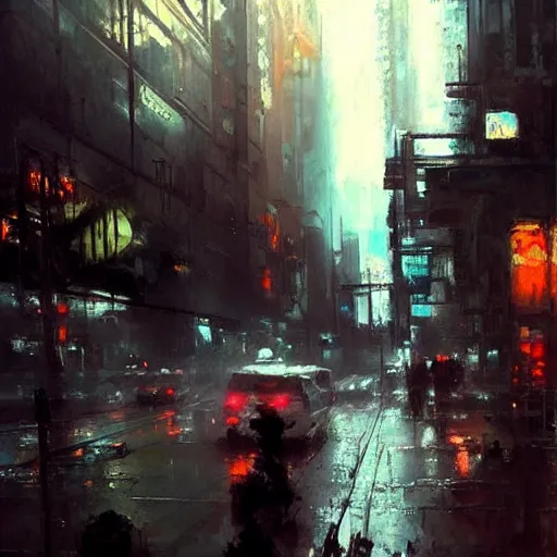 Prompt: cyberpunk cityscape, downtown scene, beautiful details, painting by jeremy mann