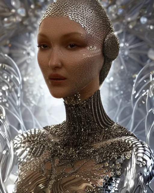 Image similar to a highly detailed metahuman 4 k close up render of an alien goddess bella hadid as alien in iris van herpen dress schiaparelli in diamonds crystals swarovski and jewelry iridescent in style of alphonse mucha gustav klimt trending on artstation made in unreal engine 4