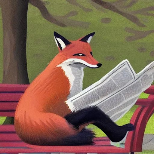 Prompt: a fox in a trench coat reading a newspaper on a park bench, photorealistic,