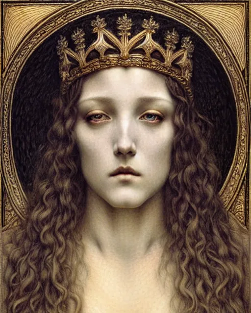 Image similar to detailed realistic beautiful young medieval queen face portrait by jean delville, gustave dore and marco mazzoni, art nouveau, symbolist, visionary, gothic, pre - raphaelite. horizontal symmetry