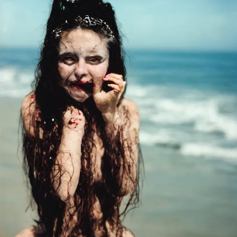 Prompt: portrait of an ancient vampire queen enjoying a day at the beach, 35mm photography