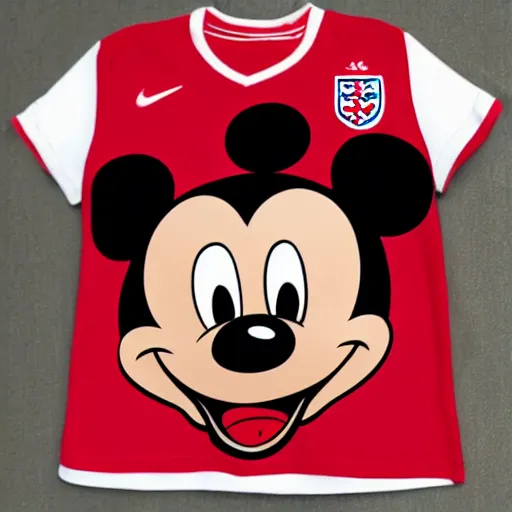 Image similar to a mickey wearing england soccer team shirt.