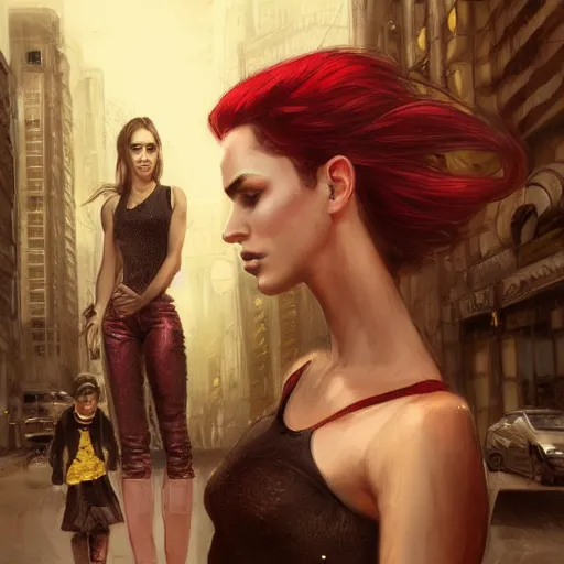 Image similar to adult pair of twins, male and female, arrogant, urban fantasy, half portrait, urban background, highly detailed, digital painting, artstation, concept art, sharp focus, smooth, art by livia prima and magali villeneuve, elegant red black and gold clothing