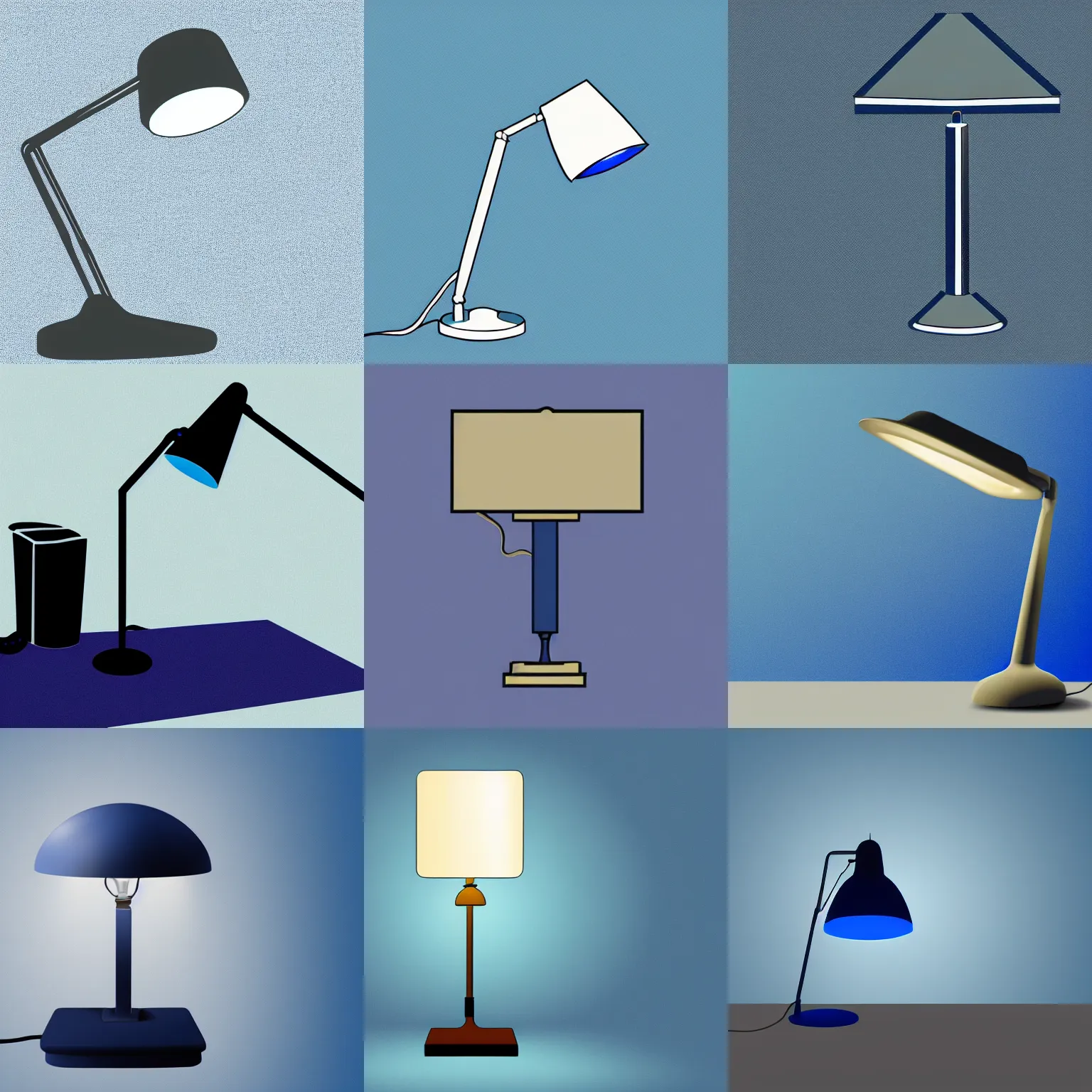 Prompt: a digital drawing of a navy blue desk lamp in front of a blue gradient background.