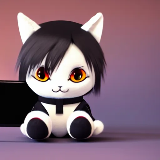 Prompt: irresistibly cute fumo plush of a ninja cat typing on a phone, anime girl, 8 k render