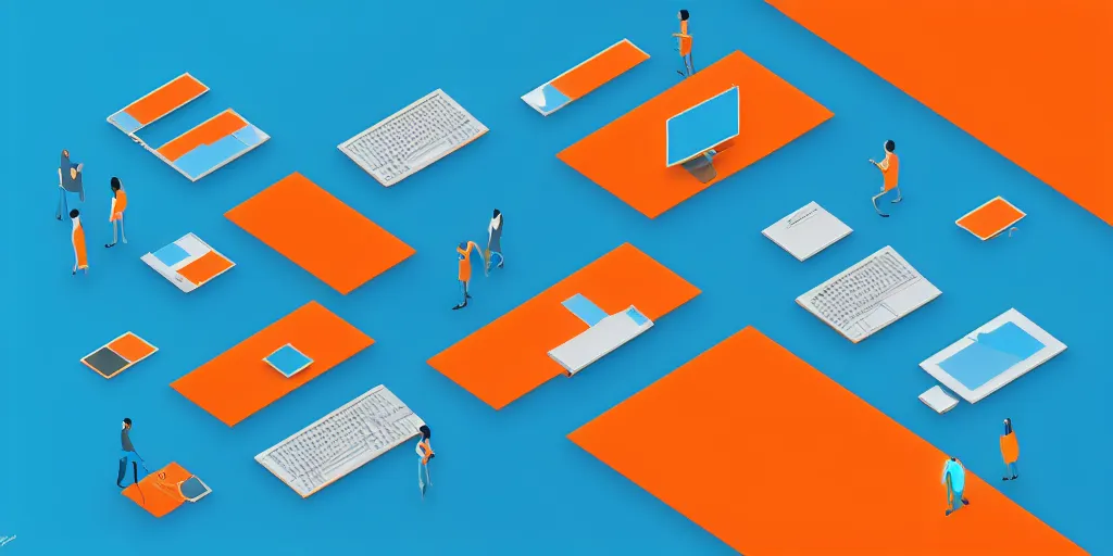 Prompt: Many computers interconnected, isometric view from above. Minimalistic design, contemporary design, infographics. Logo. Blue, cyan and orange palette. Vivid, 8K, Epic, Masterpiece