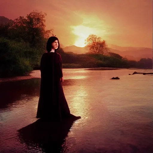 Image similar to Fine art photo of the most beautiful woman, she is posing while maintain a sweet eye contact to the camera she is walking on a river, she is getting ulluminated by the rays of the sunset, the photo was taking by Steve McCurry, matte painting, oil painting, naturalism, 4k, 8k