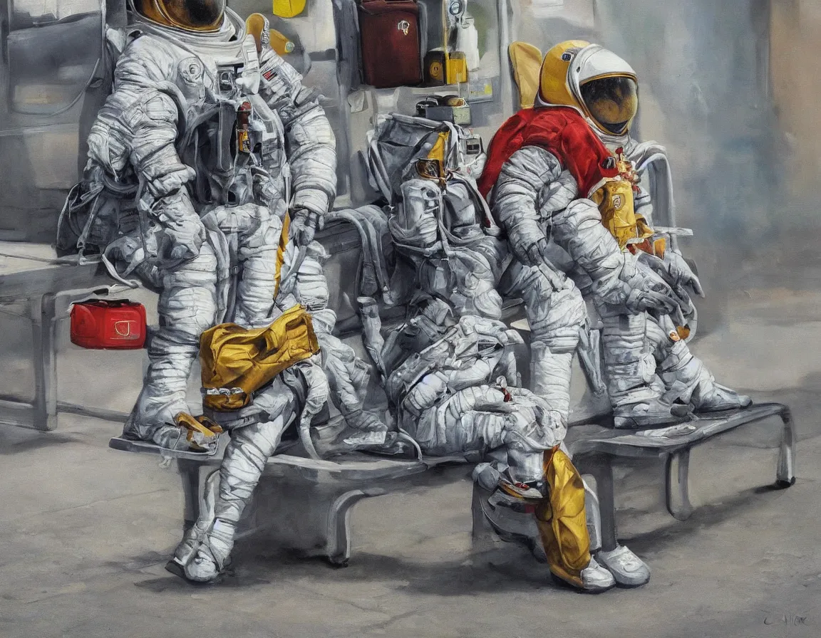 Prompt: hyper realistic oil painting of astronaut with portable luggage, sitting on a bench, waiting for the bus at the bus stop, hd, hdr, by stanisław wyspianski, ultra detailed, high resolution