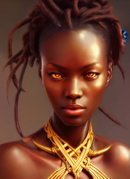 Prompt: character concept art of a dark fantasy african female, key visual, realistic shaded perfect face, fine details, dystopian environment and background, by stanley artgerm lau, wlop, rossdraws, james jean, andrei riabovitchev, marc simonetti, and sakimichan, trending on artstation