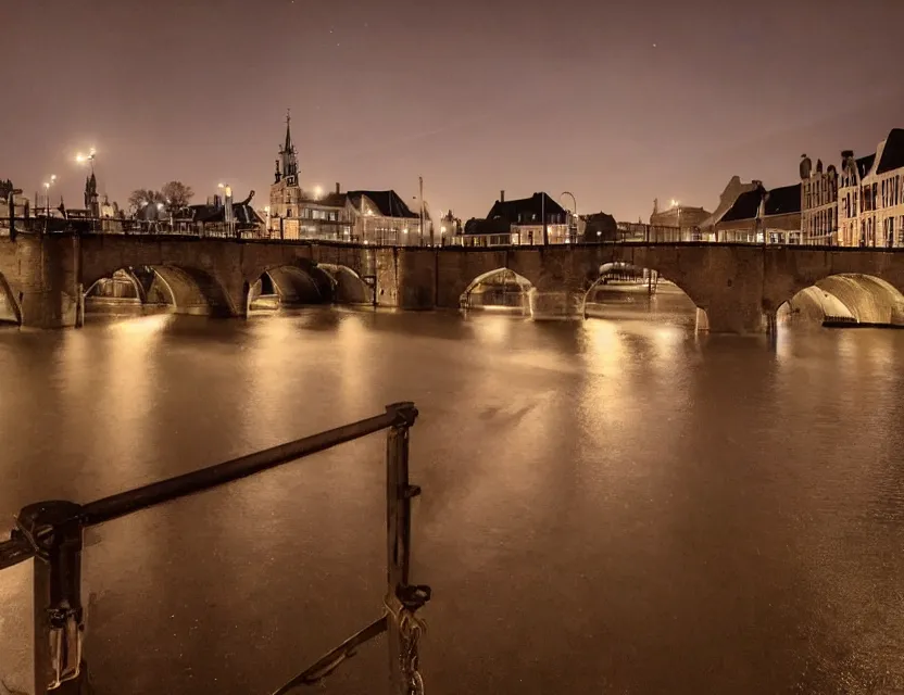 Image similar to close view of a bridge over water in gent belgium at night, peaceful and serene, incredible perspective, soft lighting, anime scenery by makoto shinkai and studio ghibli, very detailed