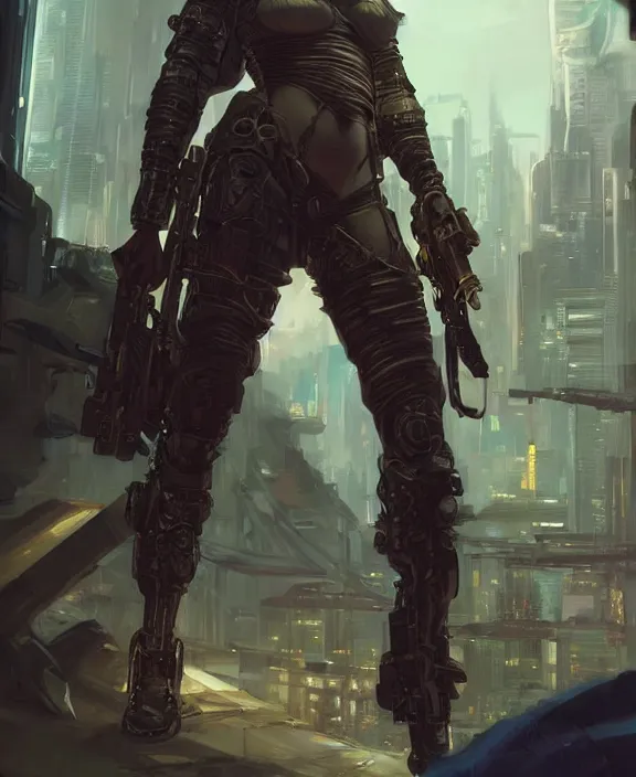 Prompt: cyberpunk mercenary with scenic background. portrait illustration. d & d, fantasy, intricate, elegant, highly detailed, digital painting, artstation, concept art, art by artgerm and greg rutkowski and alphonse mucha, boris vallejo