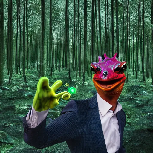 Image similar to businessman in a psychedelic trip by a poisonous frog in the middle of a forest, hyper realism, high detail, octane, 4k textures