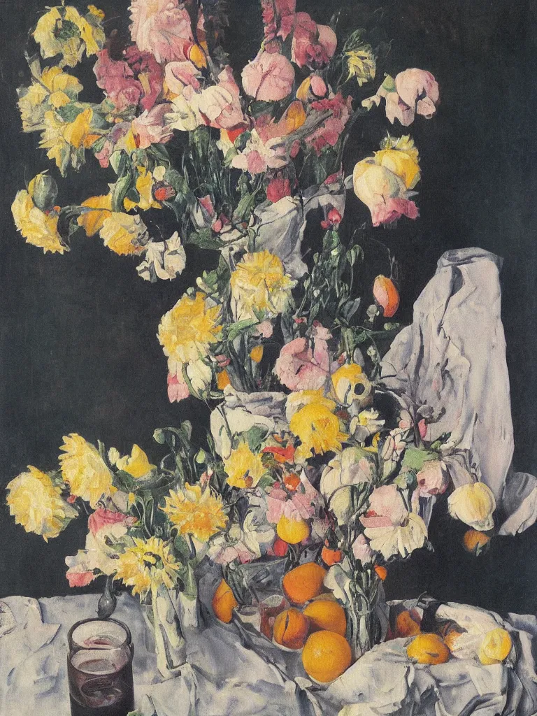 Image similar to a surreal painting of a breakfast still life, flowers, by George Baselitz, symbolist, soft colors, dramatic lighting, smooth, sharp focus, extremely detailed, aesthetically pleasing composition