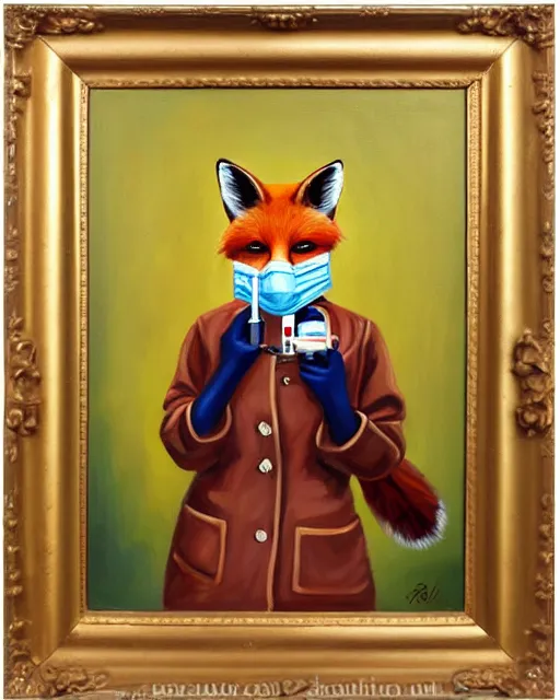 Prompt: oil painting portrait of anthropomorphic female fox animal dressed in doctor's coat, surgical mask covering mouth, holding syringe, fox animal, hospital in background, oil painting,