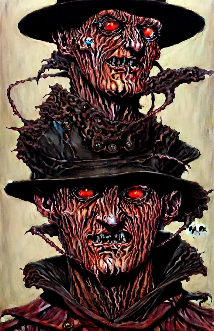 Image similar to freddy krueger in the style of wayne barlowe, gustav moreau, goward, bussiere, roberto ferri, santiago caruso, luis ricardo falero, dali