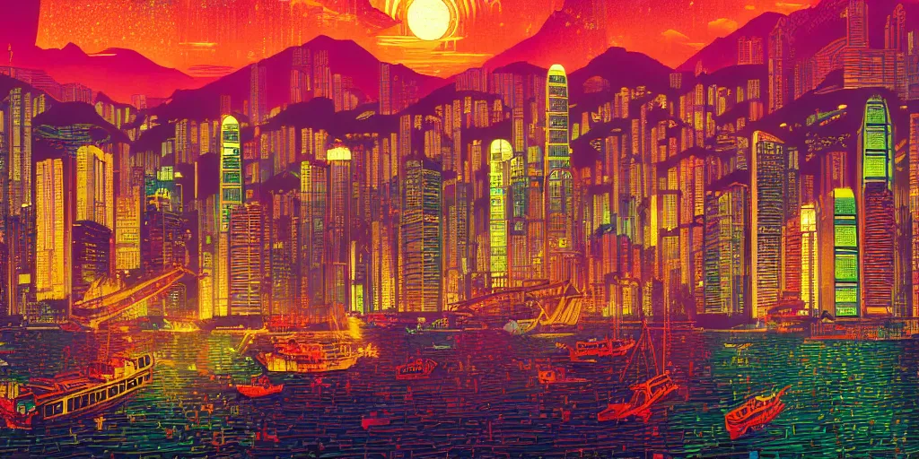 Image similar to artwork of hong kong by dan mumford and toshi yoshida and peter doig, vintage scifi, highly detailed, dramatic lighting, 8 k