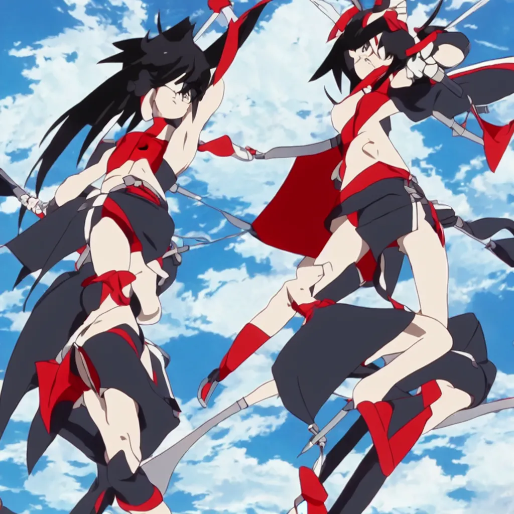 Prompt: Ryuko Matoi in an action pose, full-body high-angle shot, still from anime