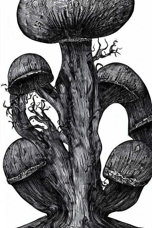 Image similar to black and white illustration, creative design, body horror, mushroom monster