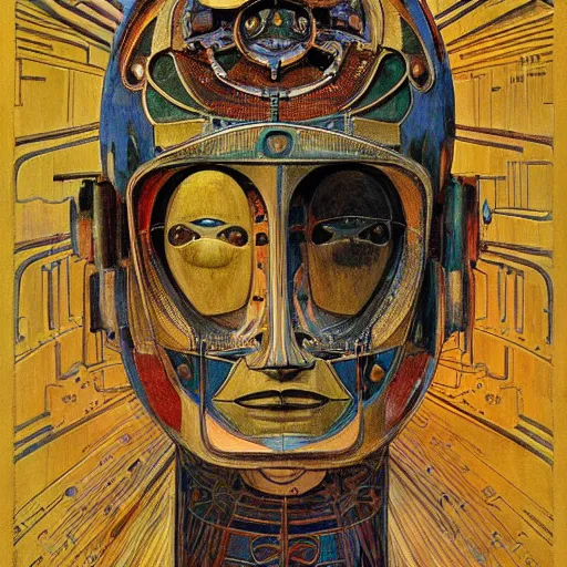 Image similar to the robot in her intricate mechanical mask, by annie swynnerton and diego rivera and kit williams and leo and diane dillon, symbolist, dramatic lighting, elaborate geometric ornament, art brut, god rays, soft cool colors, smooth, sharp focus, extremely detailed, adolf wolfli