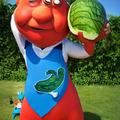 Image similar to Fred Flintstone dressed as a mailman planting a watermelon in an aca9demy, Sculpture, Hyperrealistic