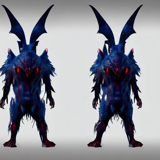 Image similar to front and back character view of scary giant mutant dark blue humanoid bat, glowing red eyes flying above a stormy ocean, sharp teeth, acid leaking from mouth, realistic, giant, bat ears, bat nose, bat claws, bat wings, furred, covered in soft fur, detailed, trending on artstation clean concept art and sheet that using unreal engine 5 render and hyper detailed 3D texture with cinematic software light 85mm f/1.4