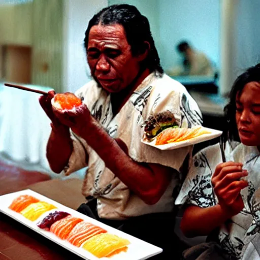 Image similar to aborigine eating sushi