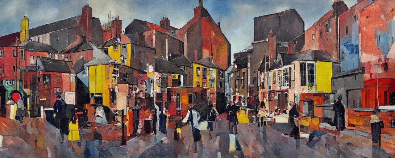 Prompt: a painting of street life in kirkwall orkney, Futurism, speed, technology, industrial, Abstract, Vorticism
