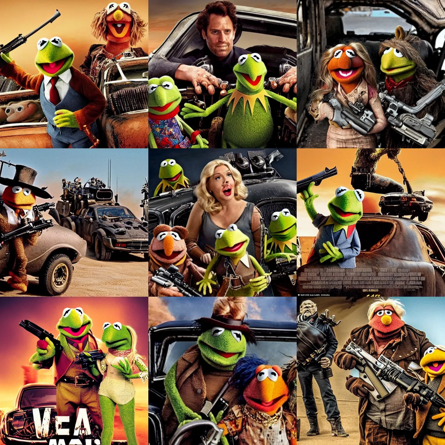 Image similar to the Muppets: mad max, lots of guns, photo