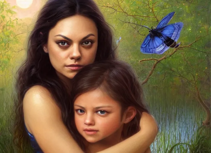 Image similar to Mila Kunis staring into the camera singing a lullaby, fireflies, full moon, Lilia Alvarado, Sophie Anderson, Mark Arian, Bob Byerley, Charlie Bowater, Mark Brooks, Steve Henderson, Justin Gerard, Arthur Hughes, Edward Robert Hughes, Mark Keathley, Victor Nizovtsev, Carlos Shwabe, Ross Tran, WLOP