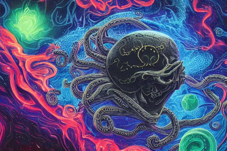 Image similar to a giant skull with intricate rune carvings and glowing eyes with lovecraftian tentacles emerging from a space nebula by dan mumford, smoke trails, digital art, photorealistic, vivid colors, highly detailed, intricate