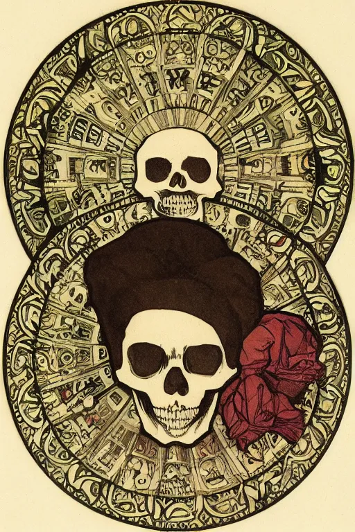 Image similar to skull in the center of a round frame, in the style of Mucha,