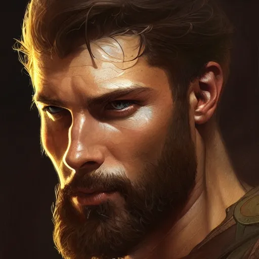 Image similar to portrait of a rugged male ranger looking back, masculine, D&D, muscular, fantasy, intricate, elegant, highly detailed, digital painting, artstation, concept art, smooth, sharp focus, illustration, art by artgerm and greg rutkowski and alphonse mucha