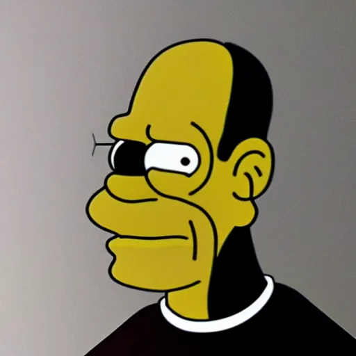 Image similar to a cyborg Homer Simpson, made of matte metal. His eyes are white with a black pupil. It is a whole head and body image