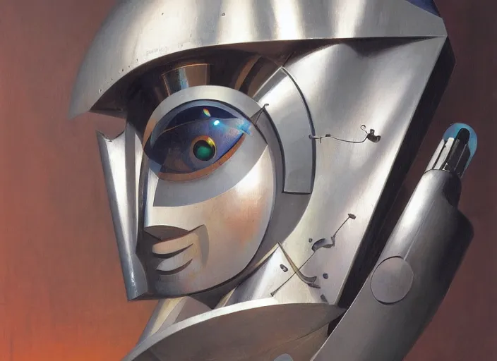 Image similar to a portrait headshot of sci fi metallic human, bright eyes, melancholic complex geometric figure liminal machinery by oskar schlemmer, moebius, john berkey, oil on canvas, portrait facial head, featured on artstation, hd wallpaper