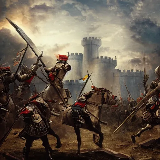 Image similar to A captain commanding his knights to charge through the gates of a castle, war, dark atmosphere, insane detail, medieval fantasy, upscaled, 8k resolution, masterpiece, award winning