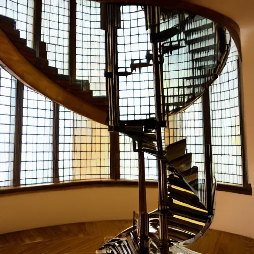 Prompt: a photograph of a glass spiral staircase made of stained glass piano keys