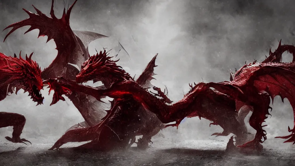 Image similar to a photorealistic dramatic fight - scene between a white and a red dragon, dramatic lighting, gritty, brutal, ultra realistic details, 8 k