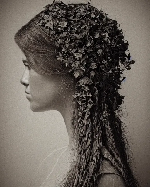 Prompt: a woman's face in profile, long hair made of intricate decorative ivy, in the style of the dutch masters and gregory crewdson, dark and moody