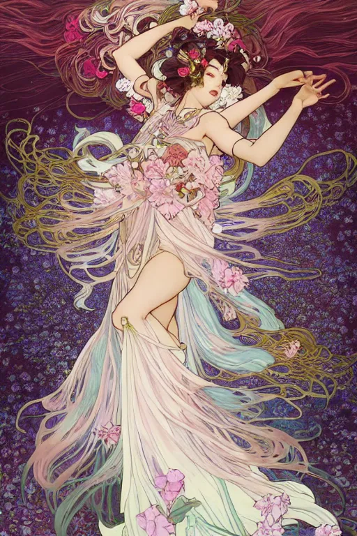 Prompt: fullbody artwork of a goddess of dreams, wearing a long flowery dress, in a dynamic action pose, prism, flowey, wispy, wide hips, attractive character, black lipstick, intangible, dreamy, Character concept by yoshitaka amano, WLOP, baroque, alphonse mucha, Akihiko Yoshida, Hyung-tae Kim, alexander mcqueen, trending on Artstation