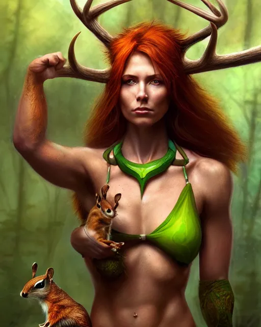 Prompt: muscular female druid with pet chipmunk, perfect face, thin antlers, green halter top, ginger hair, abs, cinematic, freckles, stunning, athletic, strong, agile, highly detailed, psychedelic, digital painting, artstation, smooth, hard focus, illustration, art by jessica rossier and and brian froud