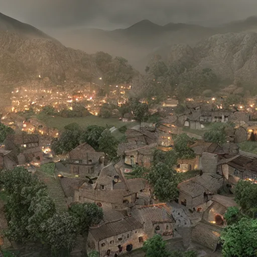 Image similar to the center of a poor medieval town under heavy rain at late dawn, in a valley, surrounded by mountains, highly detailed, octane render, ultra detailed cinematic, 8 k, widescreen, 1 6 : 9, hd