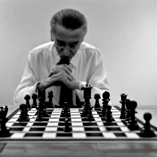 Prompt: a filmstill of Marcel Duchamp playing chess, reuters by Trent Parke