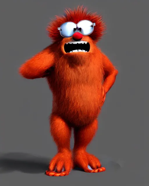 Image similar to 3 d render of completely red hairy friendly antropomorphic creature wearing chrome shades, without nose, grinning, full body, standing on 2 feet, in the style of pixar, white background, unreal engine 5, octane render, highly detailed hdr