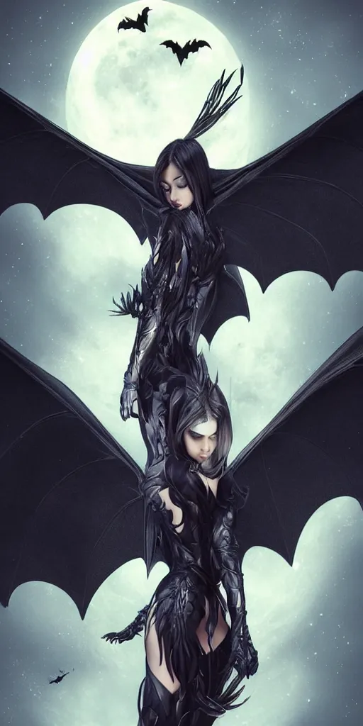 Prompt: human - shaped bat with huge wings flies, moonlit night, fantasy, wide angle, 8 k, high definition, insanely detailed, intricate, elegant,, professionally retouched, soft lighting, art by artgerm and wlop