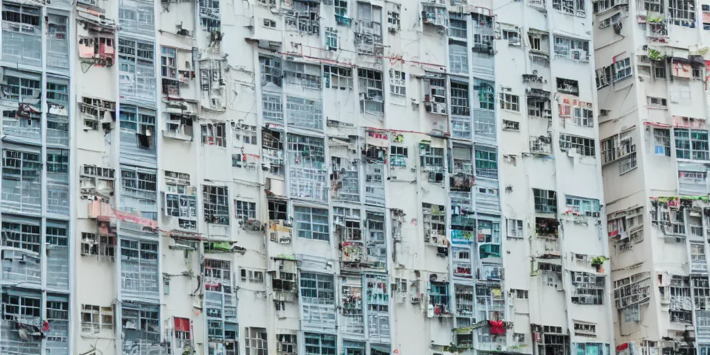 Prompt: hong kong apartment complex wall with ac units, laundry lines, balconies, photography