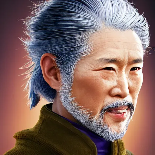 Image similar to portrait painting of a 6 0 year old kind handsome taoist priest, silver ponytail hair, amiable by yangjun chen, huang guangjian, fenghua zhong, wenjun lin, nadar, bright colors, octopath traveler, unreal engine 5 highly rendered, global illumination, radiant light, detailed and intricate environment