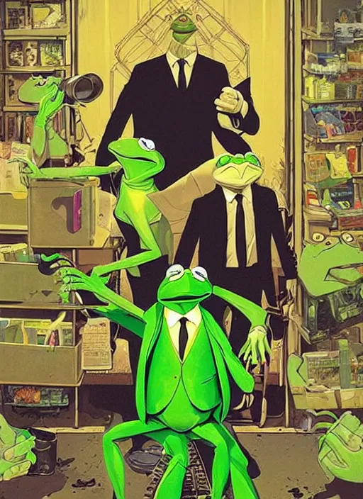 Image similar to poster artwork by Michael Whelan and Tomer Hanuka, Karol Bak of portrait of Kermit the Frog, from scene from Reservoir Dogs, clean