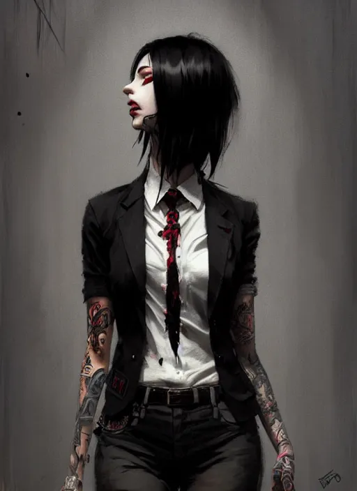 Prompt: ultradetailed beautiful panting of a stylish goth woman wearing a shirt with a tie, tattoos, she has black hair, distressed, by greg rutkowski, ashley wood, makoto shinkai, ilya kuvshinov, on artstation